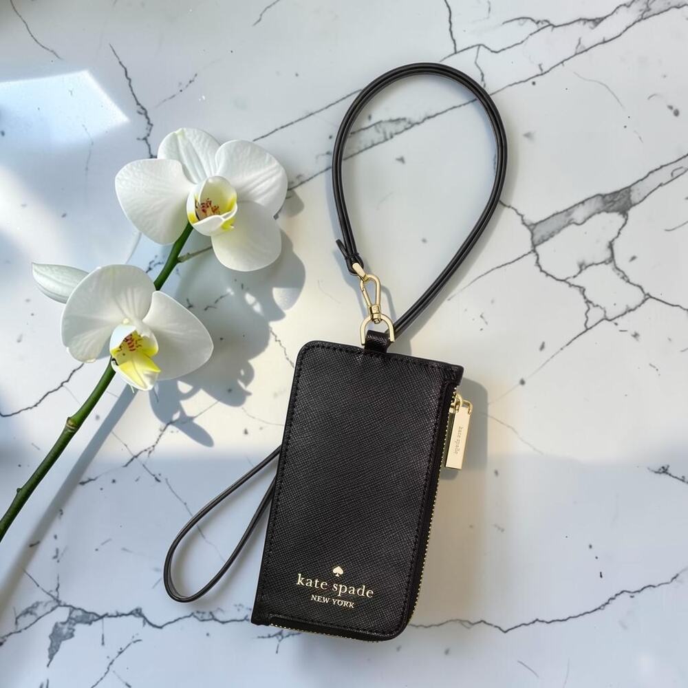 NWT Kate Spade Card Case Lanyard Black Leather ID Window Zip Wallet KN779 New